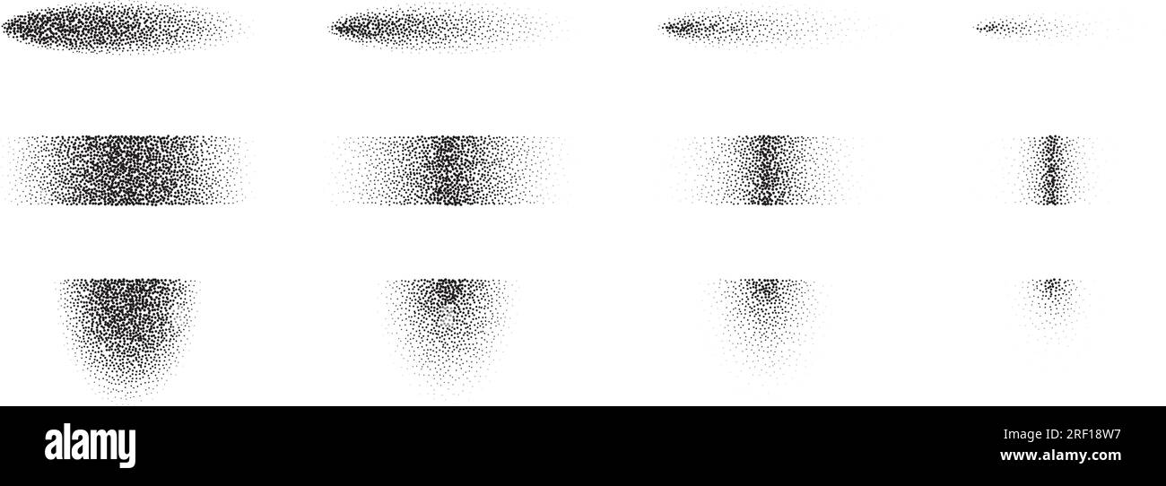Set di ombre e forme sfumate testurizzate. Dissolvenza della raccolta di elementi sfumati stippled. Macchie nere con effetto stencil a punti vintage. Pacchi granulosità rumore mezzitoni. Pacchetto illustrativo vettoriale Illustrazione Vettoriale