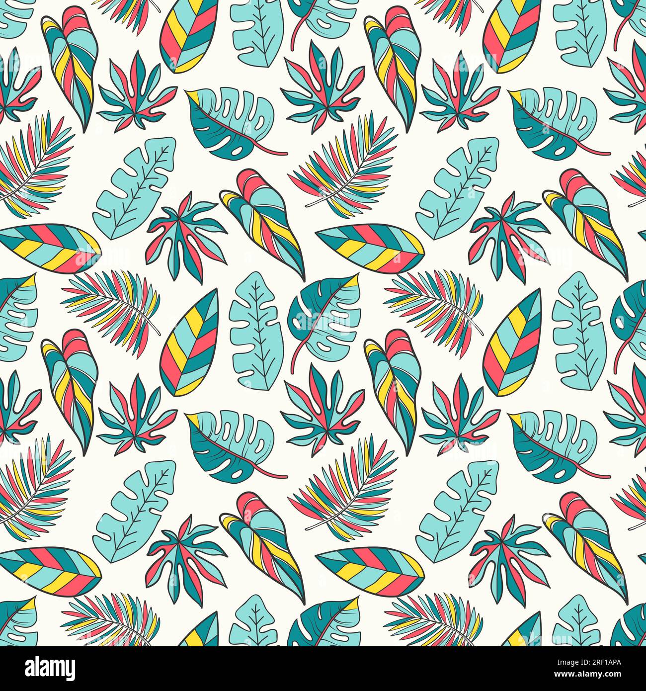 Motivo tropicale senza cuciture con foglie tropicali colorate Illustrazione Vettoriale