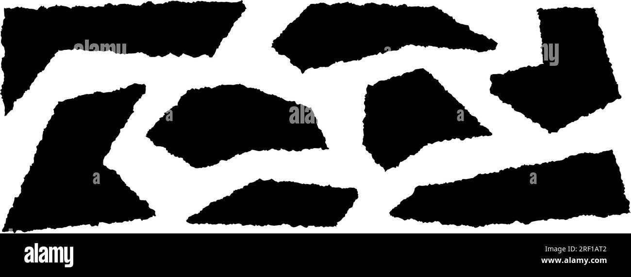 Set di pezzi di carta strappati. Sagome nere con bordi frastagliati. Raccolta frammenti diversi strappati. Pacchetto di elementi grunge testurizzati per collage, casella di testo, banner, adesivo. Illustrazione vettoriale Illustrazione Vettoriale