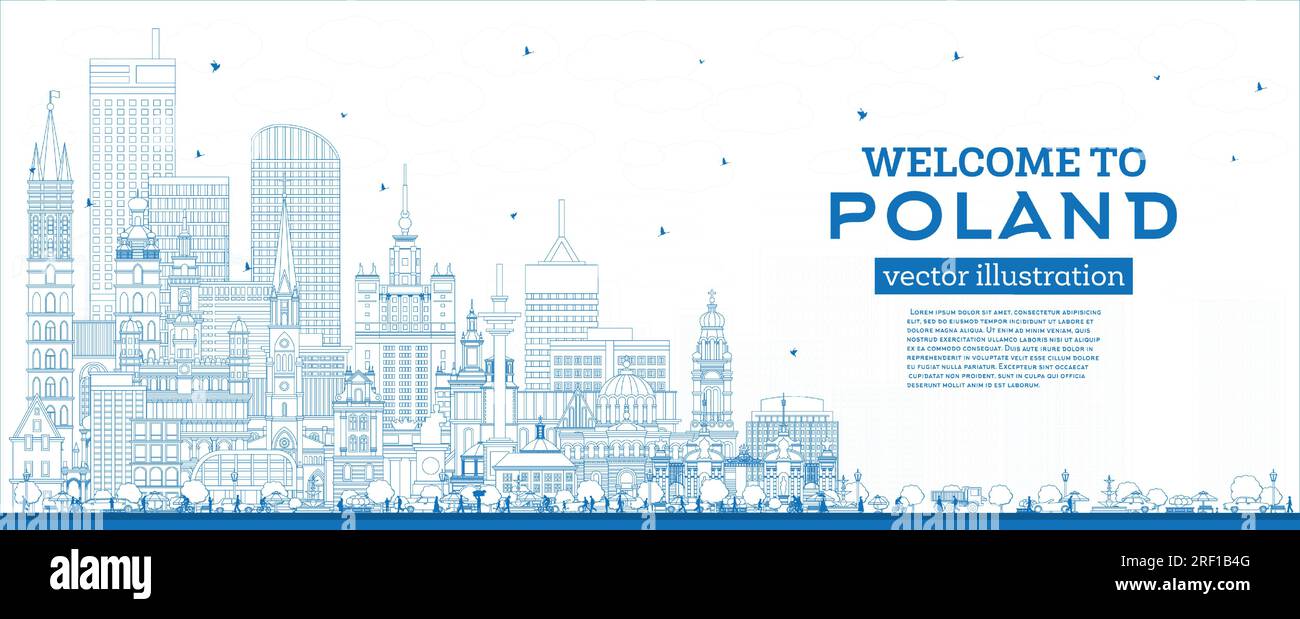 Delinea lo skyline della città di Polonia con gli edifici blu. Illustrazione vettoriale. Concetto con architettura moderna. Paesaggio urbano della Polonia con monumenti storici. Varsavia. Illustrazione Vettoriale