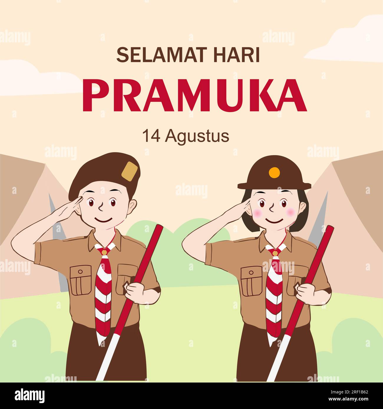 Happy Scout Day 14 agosto giornata del Festival Indonesiano. Selamat Hari Pramuka. Illustrazione vettoriale. Ragazzi e ragazze studenti festeggiano il giorno della pramuka. Illustrazione Vettoriale