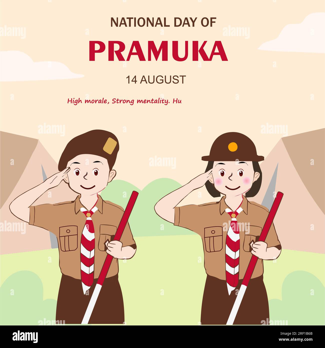 Happy Scout Day 14 agosto giornata del Festival Indonesiano. Selamat Hari Pramuka. Illustrazione vettoriale. Ragazzi e ragazze studenti festeggiano il giorno della pramuka. Illustrazione Vettoriale
