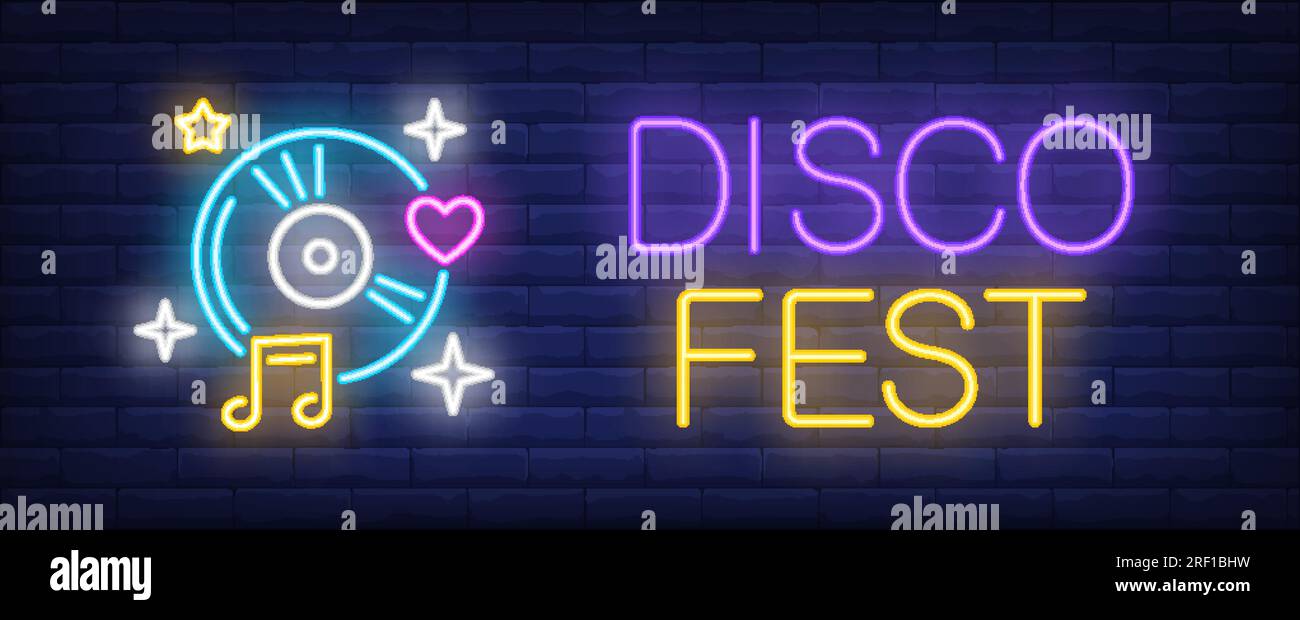 Disco Fest neon text e compact disk con note musicali Illustrazione Vettoriale