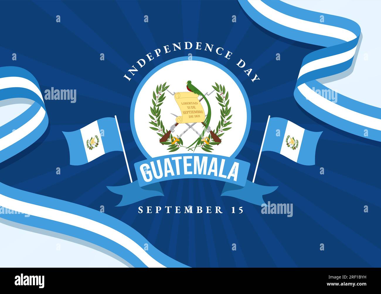 Illustrazione vettoriale del giorno dell'indipendenza del Guatemala il 15 settembre con lo sfondo della bandiera sventolante in modelli disegnati a mano del cartone animato piatto delle festività nazionali Illustrazione Vettoriale