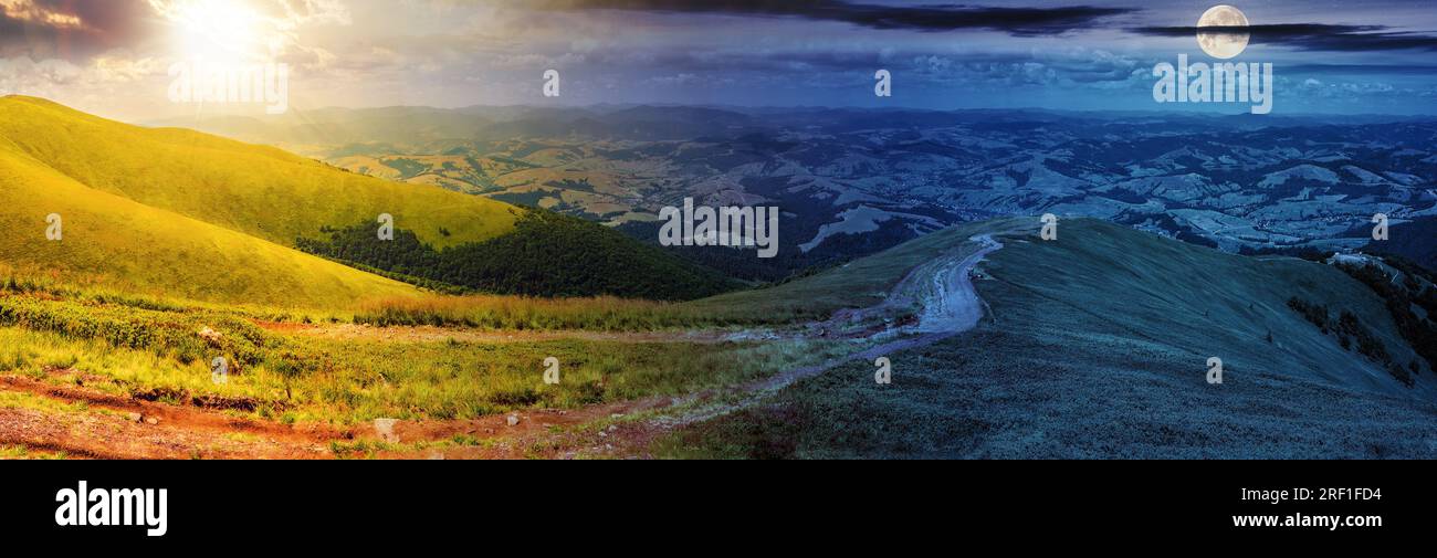 paesaggio montano panoramico con sole e luna al crepuscolo. sentiero che attraversa il prato in collina. il concetto cambia giorno e notte. misterioso c Foto Stock