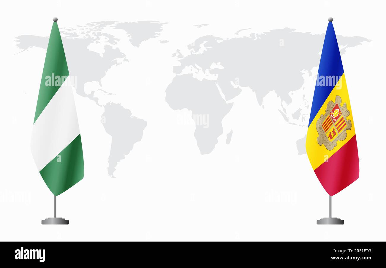 Bandiere nigeriane e di Andorra per un incontro ufficiale sullo sfondo della mappa mondiale. Illustrazione Vettoriale