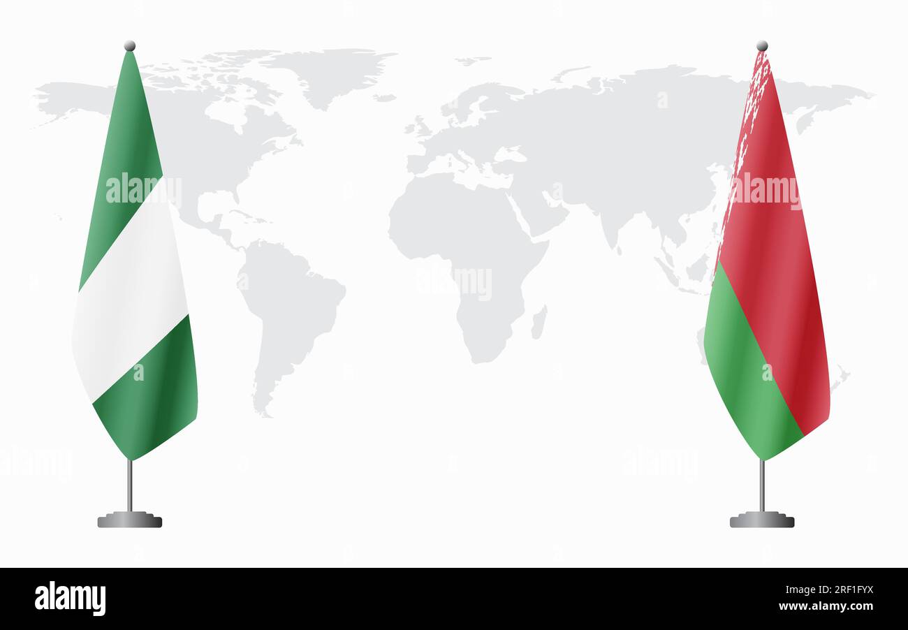 Bandiere nigeriane e bielorusse per incontri ufficiali sullo sfondo della mappa mondiale. Illustrazione Vettoriale