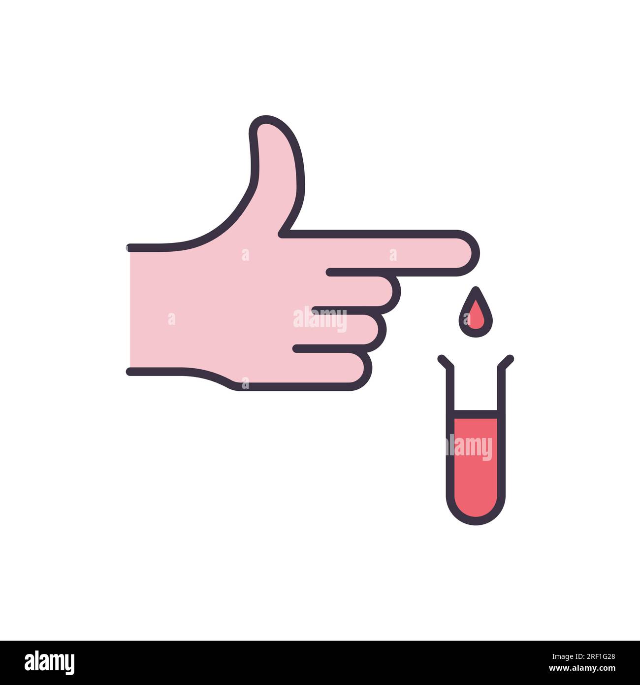 Icona del vettore correlato agli esami del sangue. Sangue che gocciola da un dito in un pallone per un test della malattia da coronavirus. Segno di donazione di sangue. Isolato su sfondo bianco Illustrazione Vettoriale