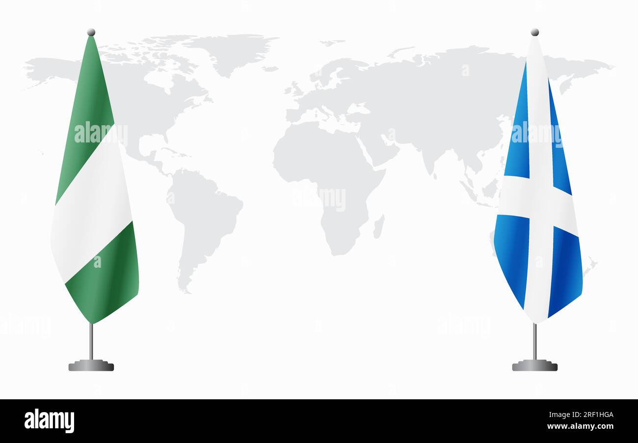 Bandiere nigeriane e scozzesi per riunioni ufficiali sullo sfondo della mappa mondiale. Illustrazione Vettoriale
