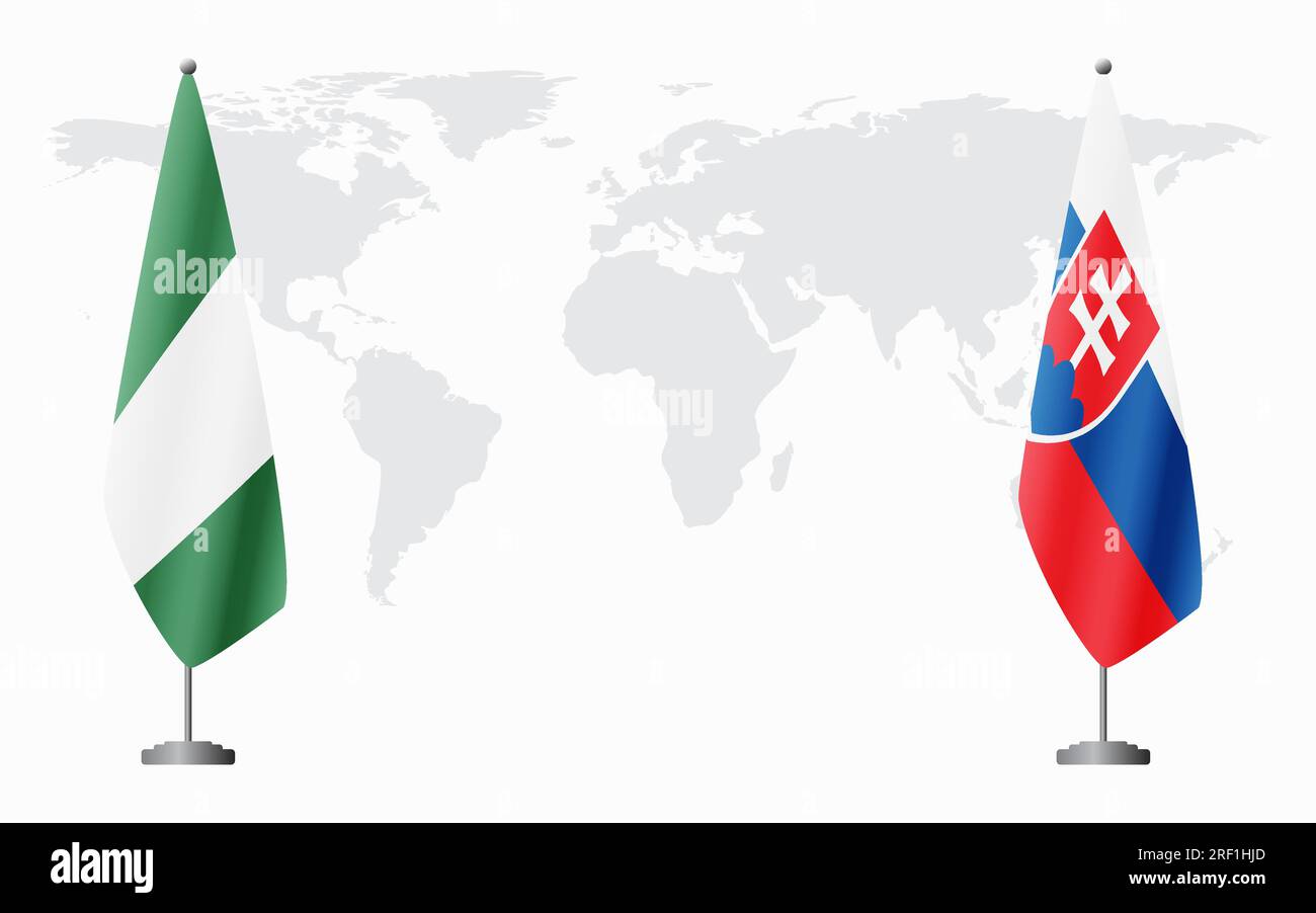 Bandiere nigeriane e slovacche per incontri ufficiali sullo sfondo della mappa mondiale. Illustrazione Vettoriale