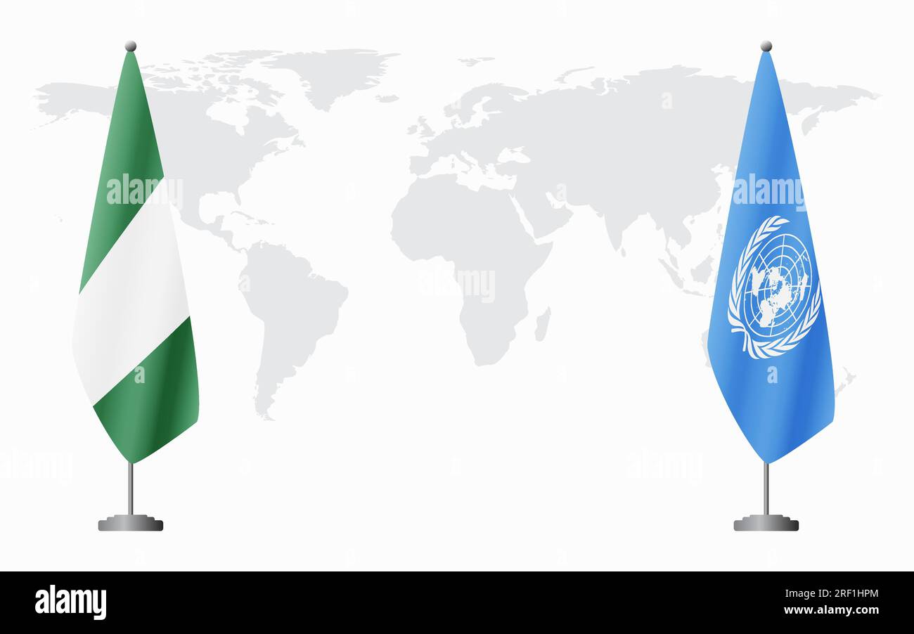 Bandiere nigeriane e delle Nazioni Unite per incontri ufficiali sullo sfondo della mappa mondiale. Illustrazione Vettoriale
