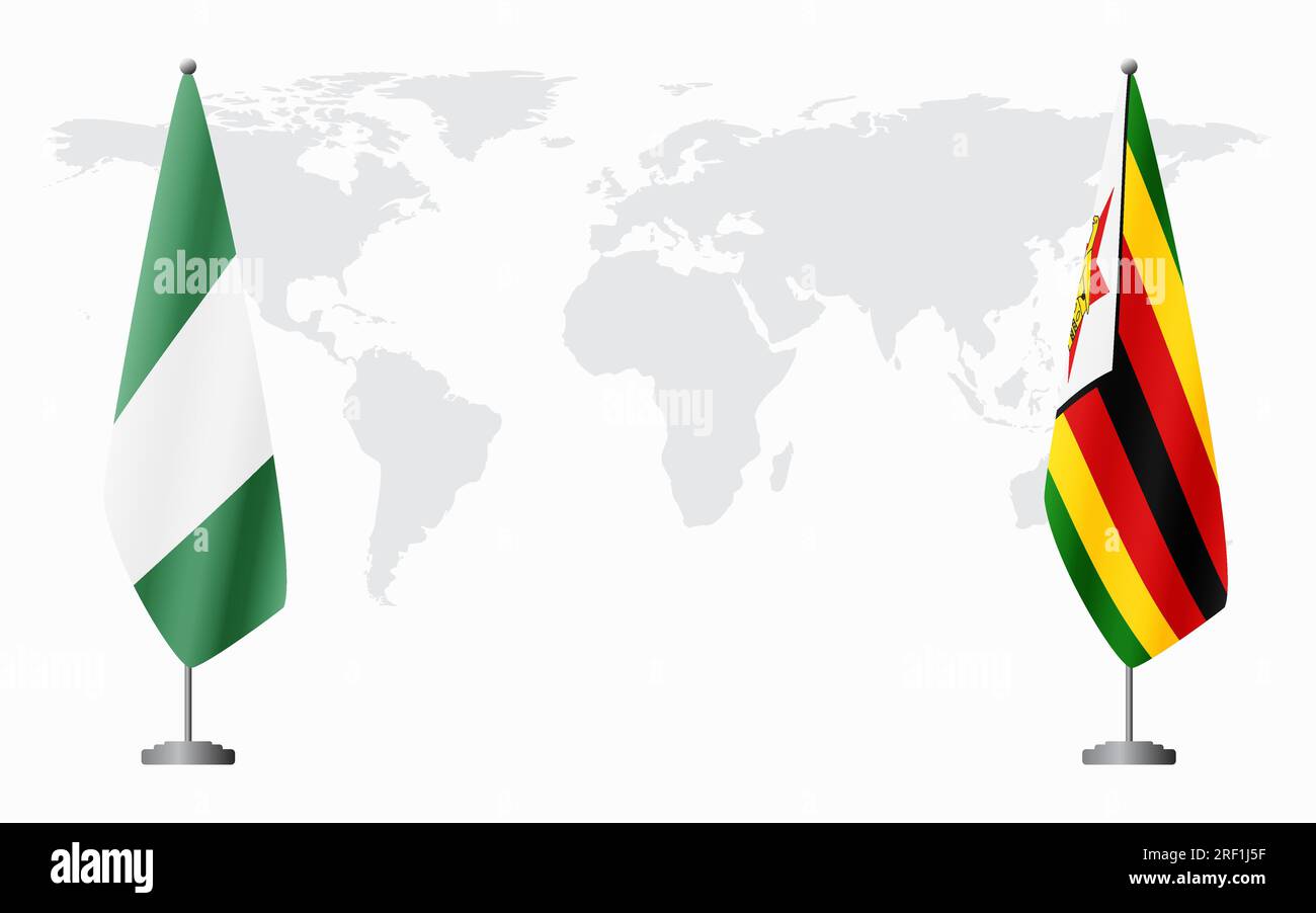 Bandiere nigeriane e dello Zimbabwe per incontri ufficiali sullo sfondo della mappa mondiale. Illustrazione Vettoriale