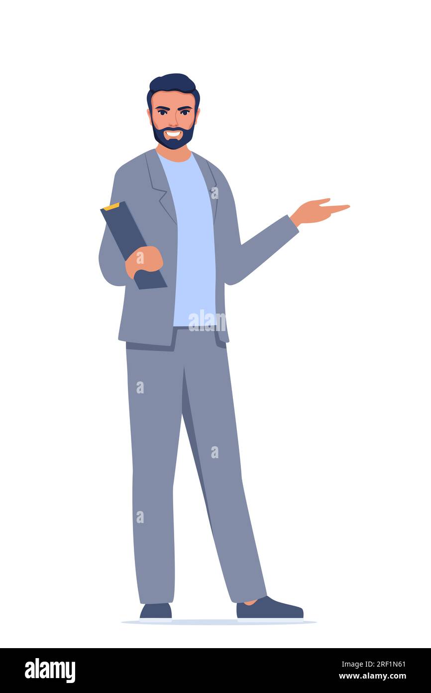 Giovane personaggio con appunti isolati su sfondo bianco. L'uomo presenta, mostra e presenta qualcosa. Altoparlante da lavoro in piedi con clip Illustrazione Vettoriale