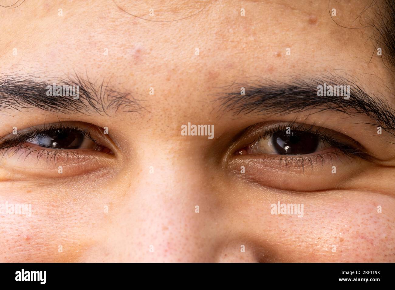 Ritratto degli occhi felici dell'uomo indiano nella natura soleggiata Foto Stock