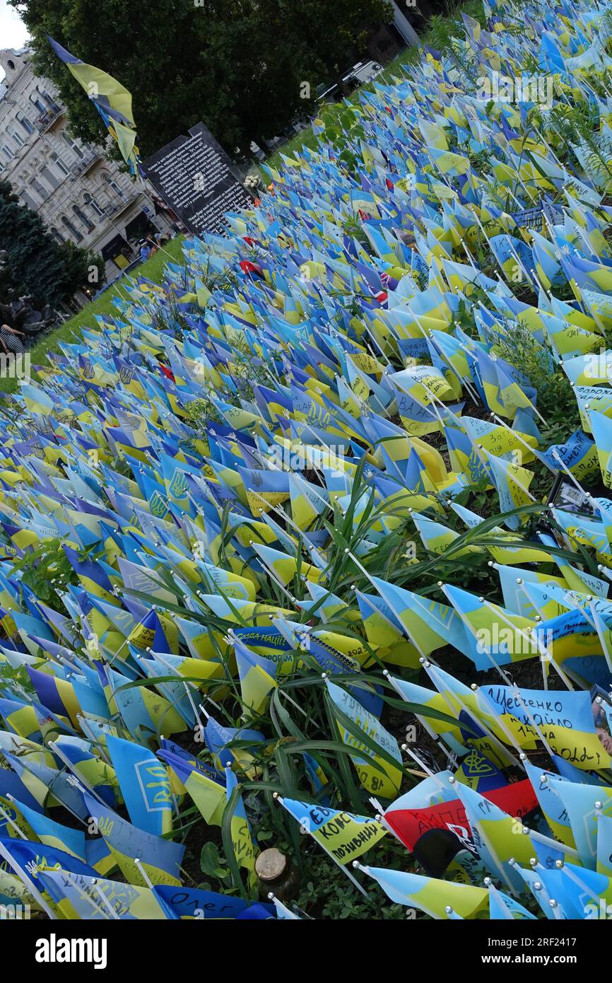 Nel centro di kiev, in Piazza dell'indipendenza, gli ucraini rendono omaggio ai soldati uccisi in battaglia con piccole bandiere Foto Stock