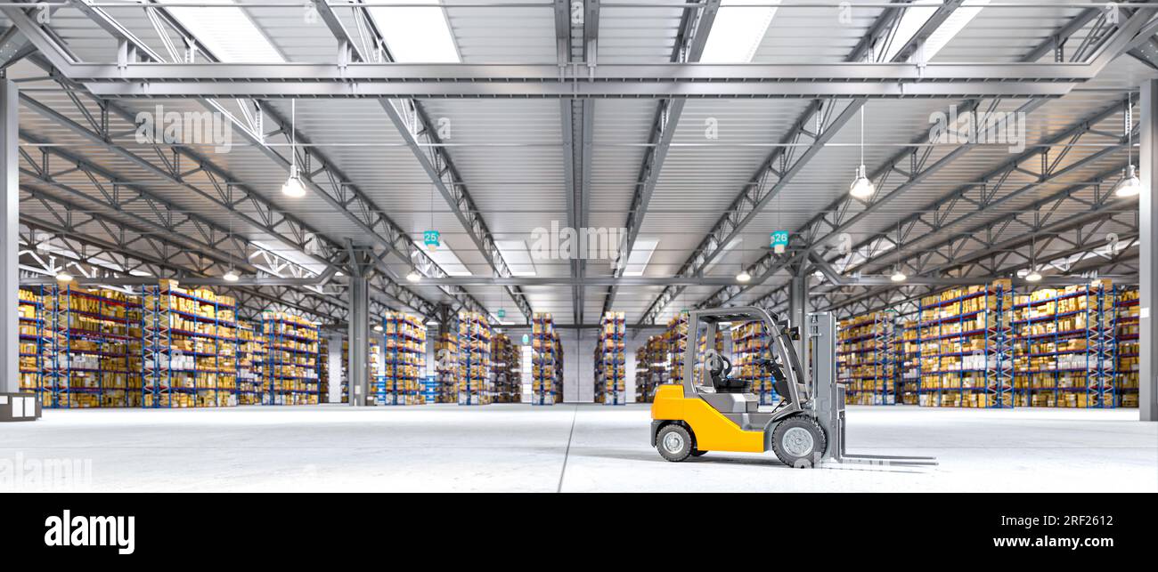 interno di un enorme magazzino vuoto con un carrello elevatore in primo piano. rendering 3d. Foto Stock
