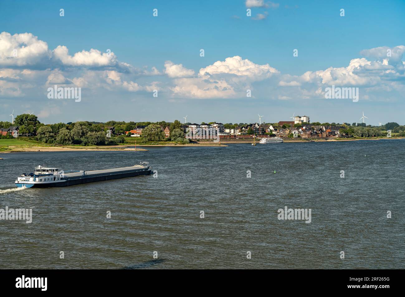 Frachtschiff auf dem Rhein bei Rees, Niederrhein, Nordrhein-Westfalen, Deutschland, Europa | nave da carico sul fiume reno vicino a Rees, basso Reno, No Foto Stock