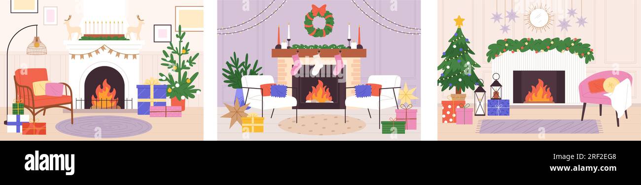 Camera natalizia con caminetto. Atmosfera natalizia, interni delle camere per le vacanze con regali, sedie e decorazioni. Eleganti scene vettoriali invernali Illustrazione Vettoriale