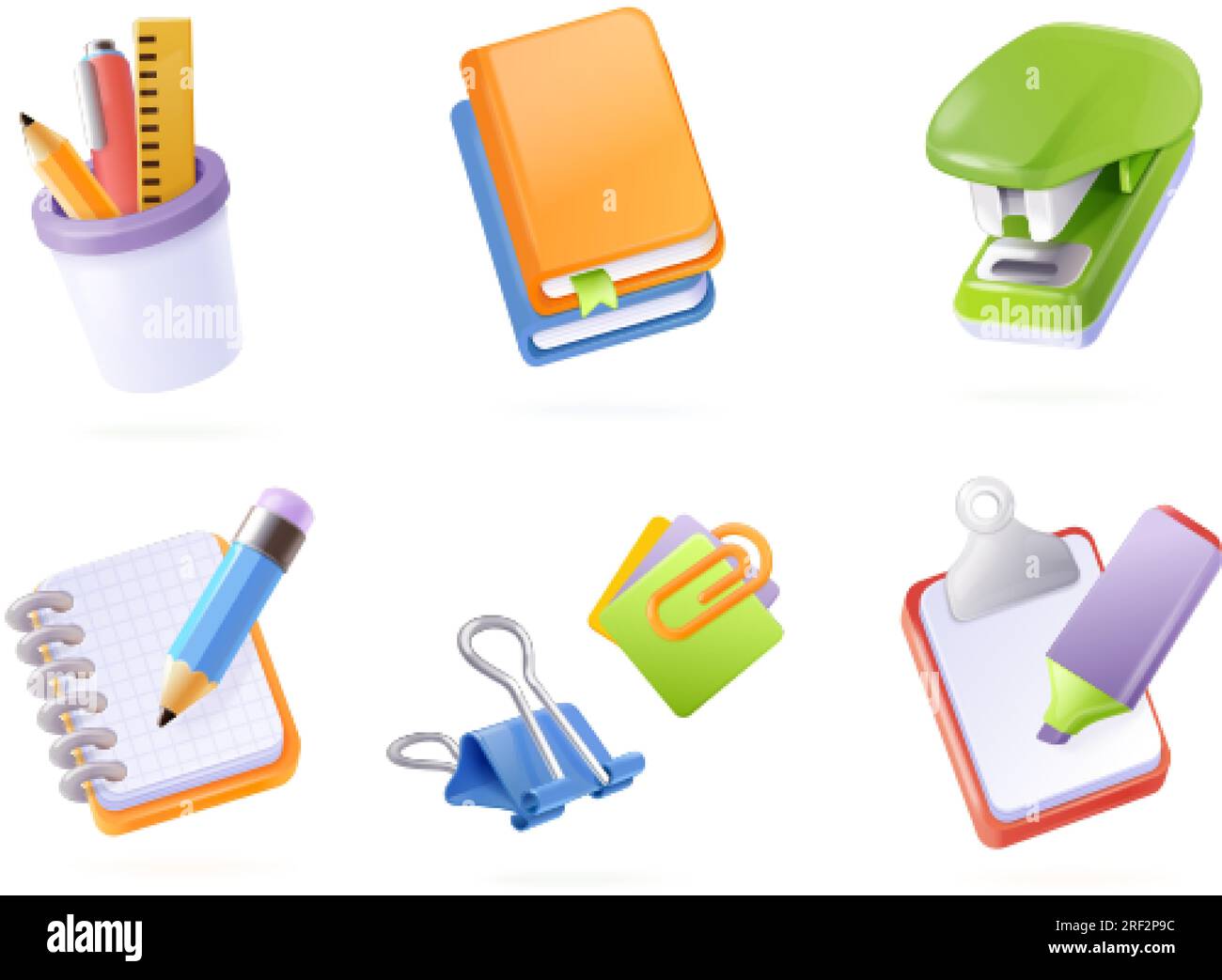 Strumenti di rendering per ufficio. articoli di cancelleria isometrica 3d, strumenti di studio scolastici o forniture di società finanziarie per ordini di gestione, pinzatrice realistica per clip di oggetti, illustrazione vettoriale esatta Illustrazione Vettoriale