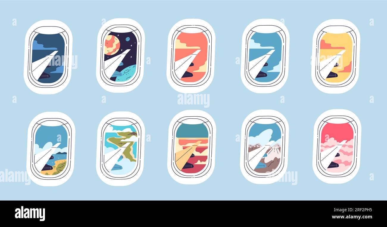 Viste della finestra dell'aereo. Vista dall'oblò degli aerei, dal paesaggio di bali, dal tramonto sulla spiaggia, dalla montagna o dalla scena creativa del pianeta nelle finestre degli aerei per le vacanze dei viaggiatori, dall'illustrazione vettoriale della finestra dell'oblò Illustrazione Vettoriale
