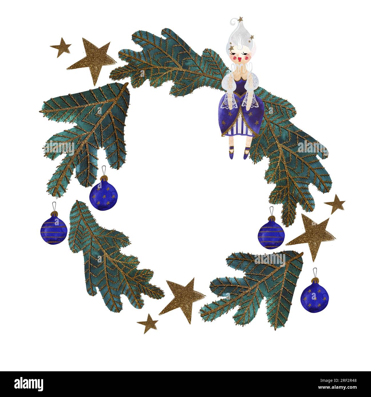 Corona di natale ad acquerello con albero di natale decorato, bambola e stelle. Biglietto di Natale. Giocattolo per bambini. Un regalo di Natale. Illustrazione raster per p Foto Stock