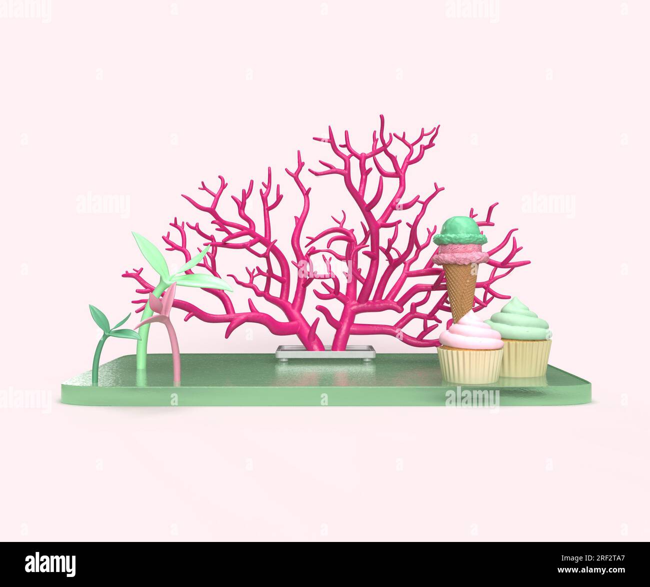 palcoscenico verde in 3d con corallo rosa, cupcake e gelato, sfondo del prodotto del palcoscenico. Foto Stock