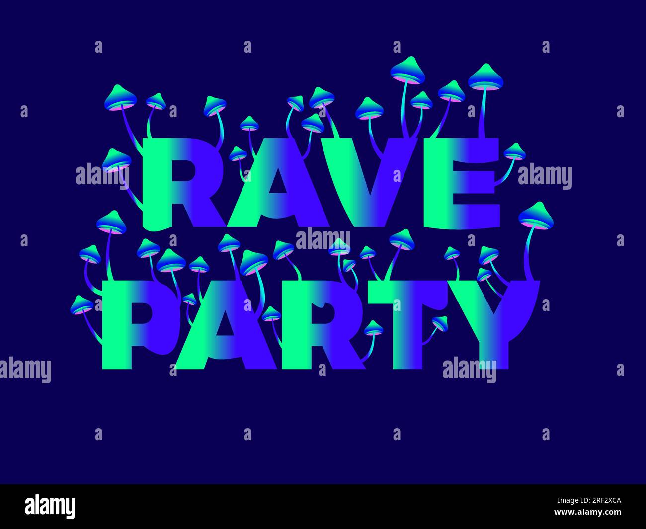 Ravviva il testo della festa con funghi che crescono dalle lettere. Testo sfumato verde e blu e funghi. Rave psichedelico, viaggio acido. Design per poster, banner Illustrazione Vettoriale