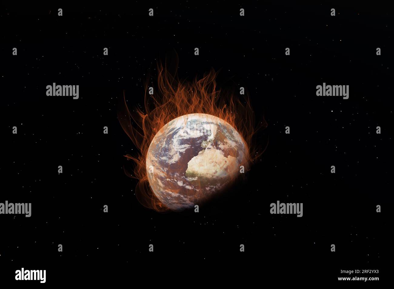 Il pianeta Terra brucia in fiamme sullo sfondo nero dello spazio. Illustrazione 3D Rendering idea politica del riscaldamento globale Foto Stock