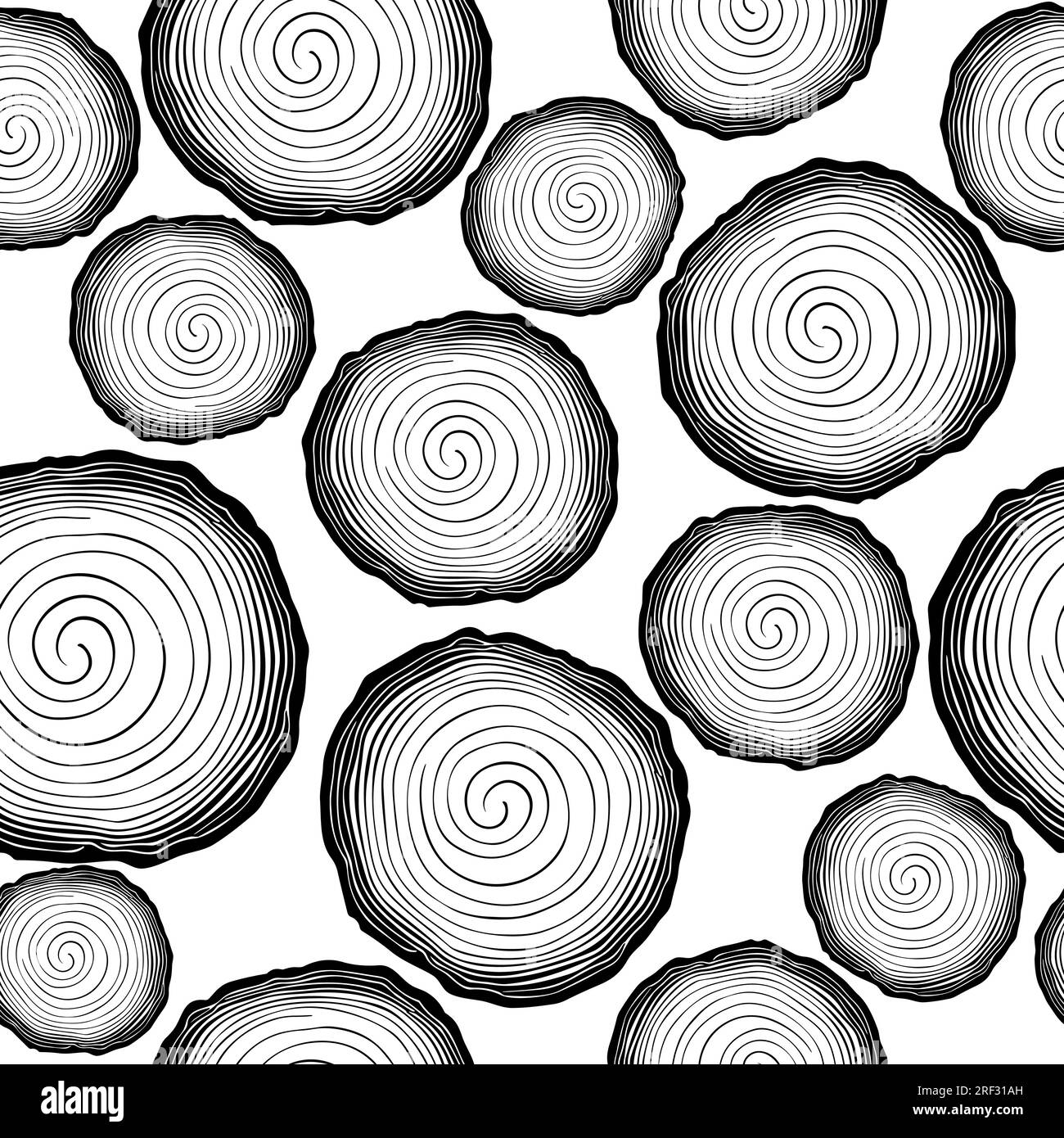 Pattern vettoriale senza giunzioni con anelli ad albero, tronco ad albero sega, tronco legno, croce. Pine, Oak Slices, Lumber. Legno tagliato, struttura in legno con anelli ad albero Illustrazione Vettoriale