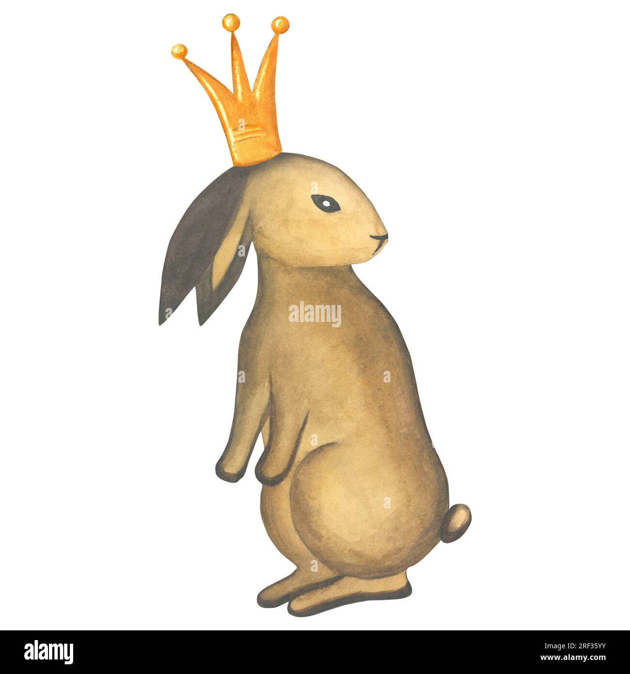 Illustrazione ad acquerello di un coniglio con una corona sulla testa nello stile di un arazzo medievale. Realizzata a mano isolata su sfondo bianco Foto Stock