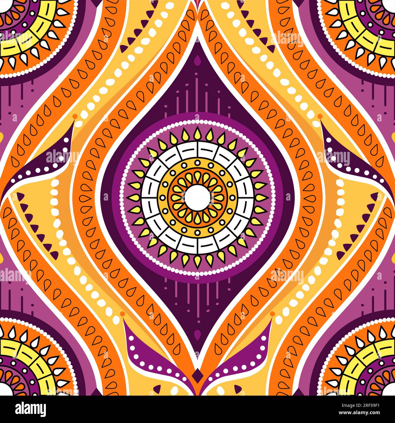 Cera africana o motivo vettoriale senza cuciture Ankara, design tessile Batic con mandalas floreali - ornamento tradizionale del Kenya, dell'Africa occidentale e centrale Illustrazione Vettoriale