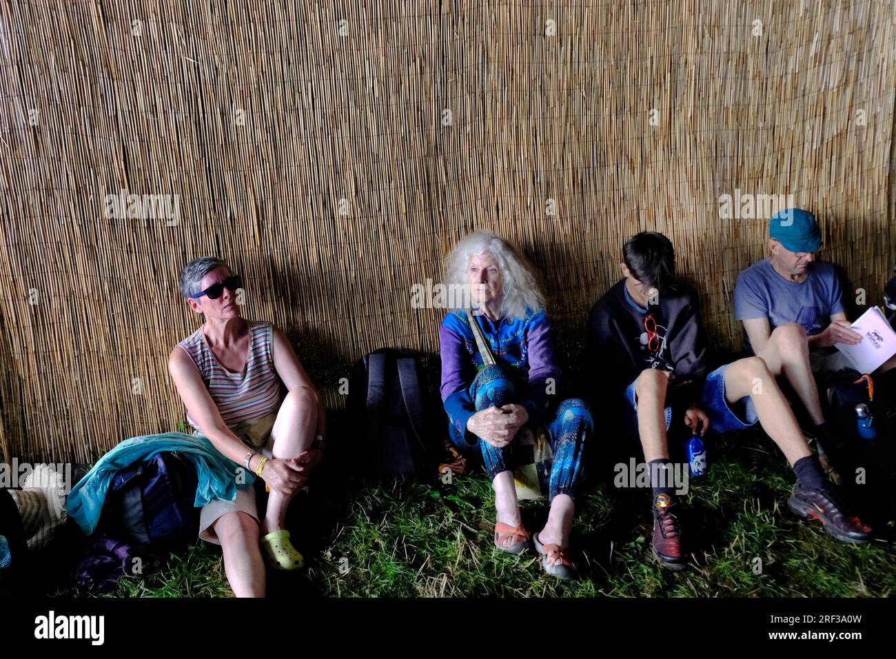 Persone sedute in una tenda del festival ascoltano la musica ma non davanti agli altoparlanti. WOMAD 2023. Foto Stock
