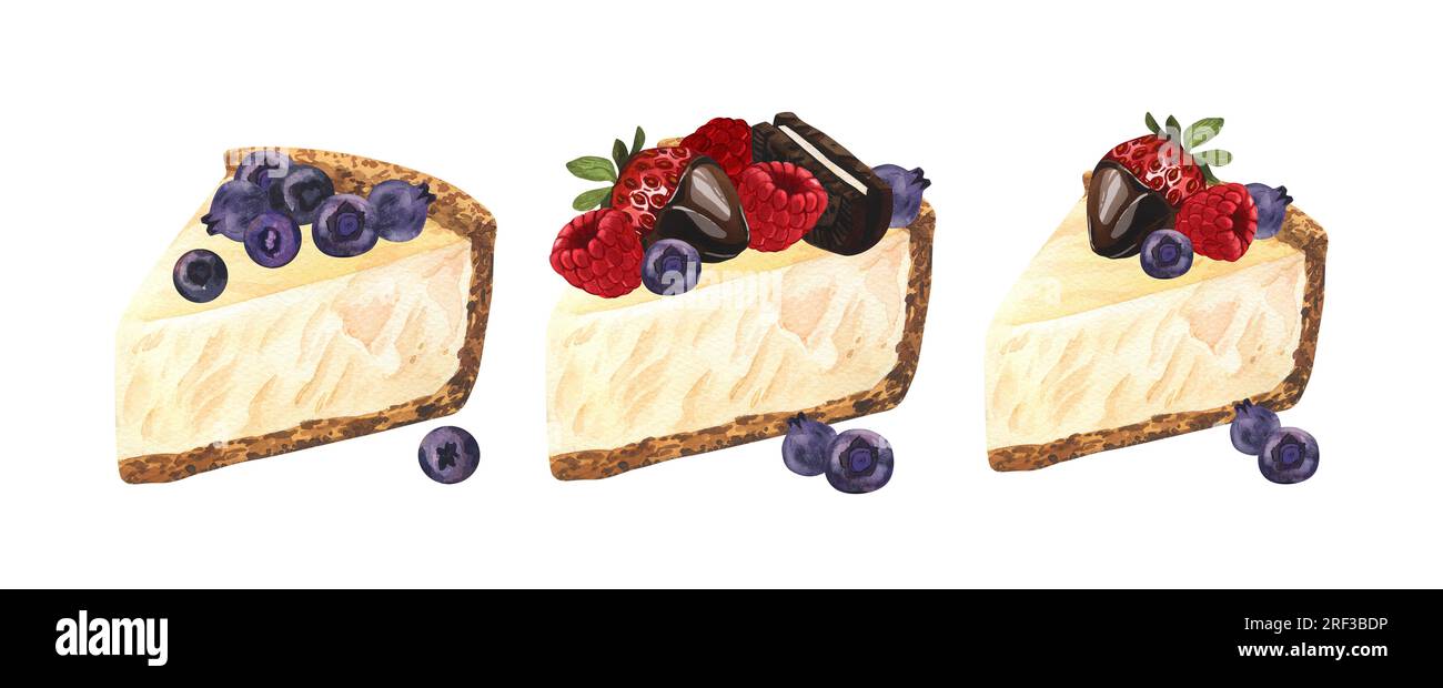 Dessert all'acquerello, cheesecake con frutti di bosco freschi fragole e mirtilli. Illustrazione disegnata a mano isolata su sfondo bianco Foto Stock