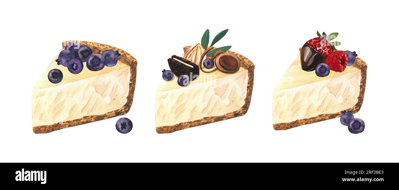 Dessert all'acquerello, cheesecake con frutti di bosco freschi fragole e mirtilli. Illustrazione disegnata a mano isolata su sfondo bianco Foto Stock