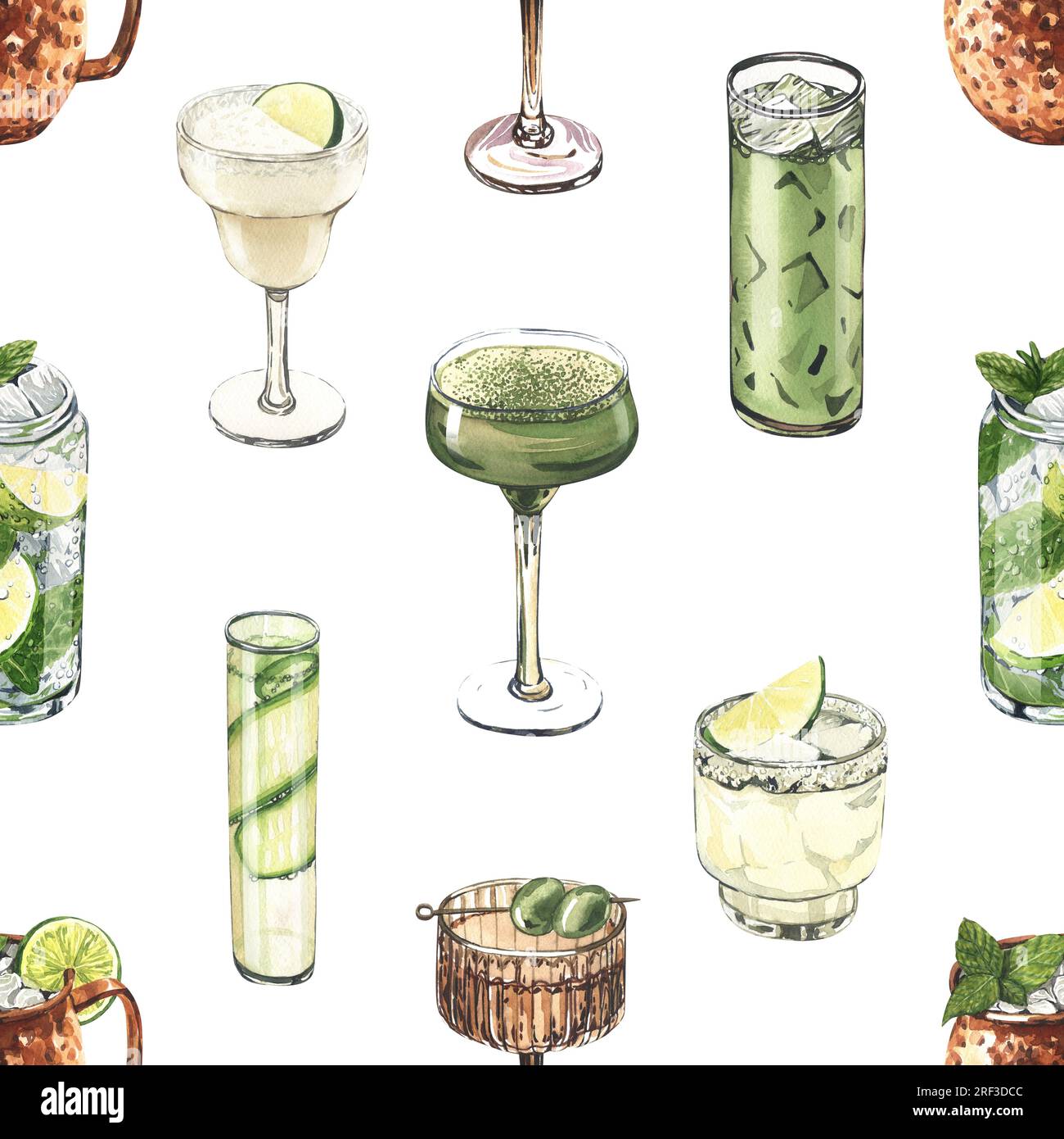 Motivo acquerello senza cuciture, bicchieri da cocktail: mojito, lime, matcha, cetriolo. Illustrazione disegnata a mano isolata su sfondo bianco. Perfetto per Foto Stock