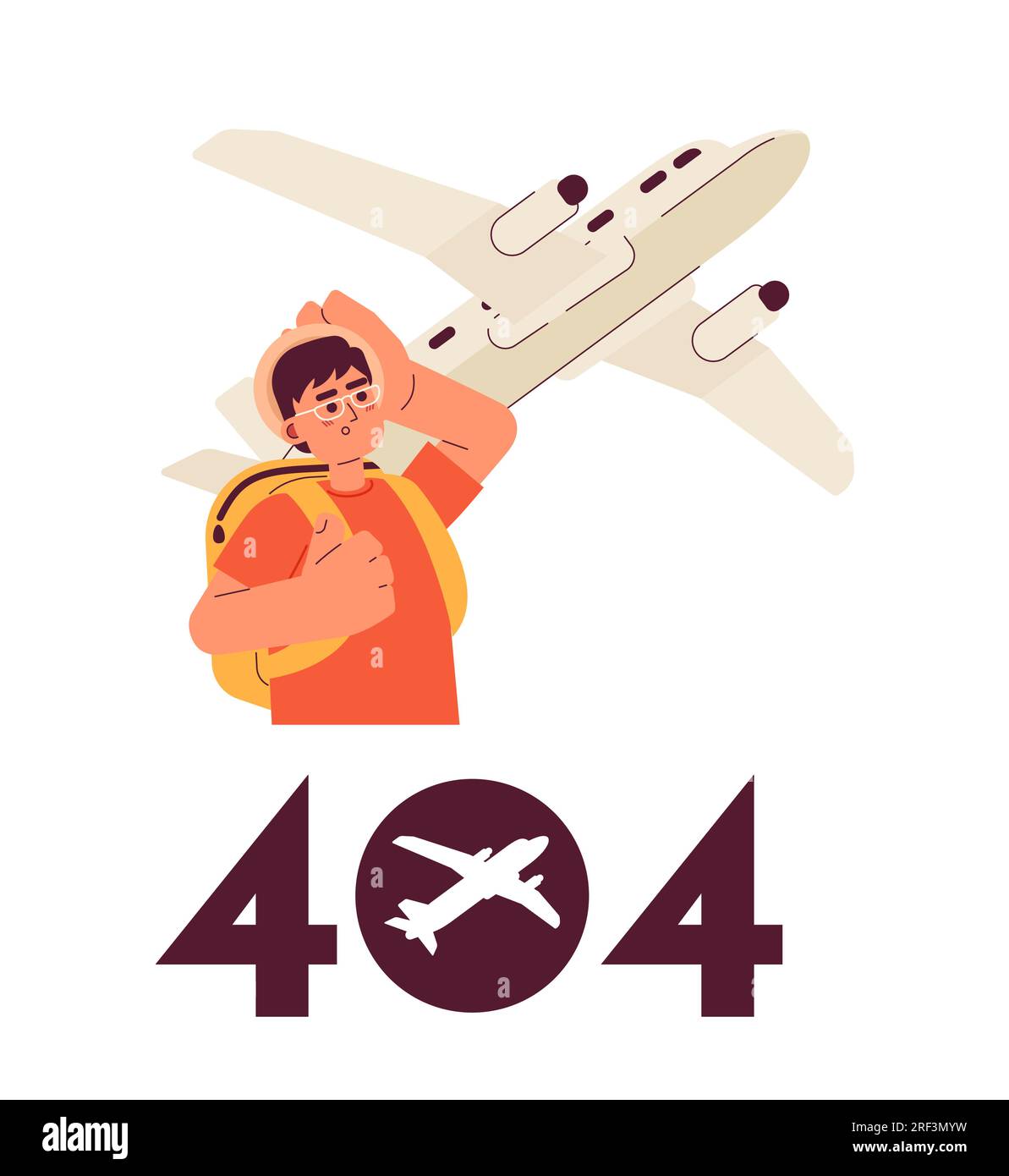 Asiatico uomo guardando su aereo errore 404 messaggio flash Illustrazione Vettoriale