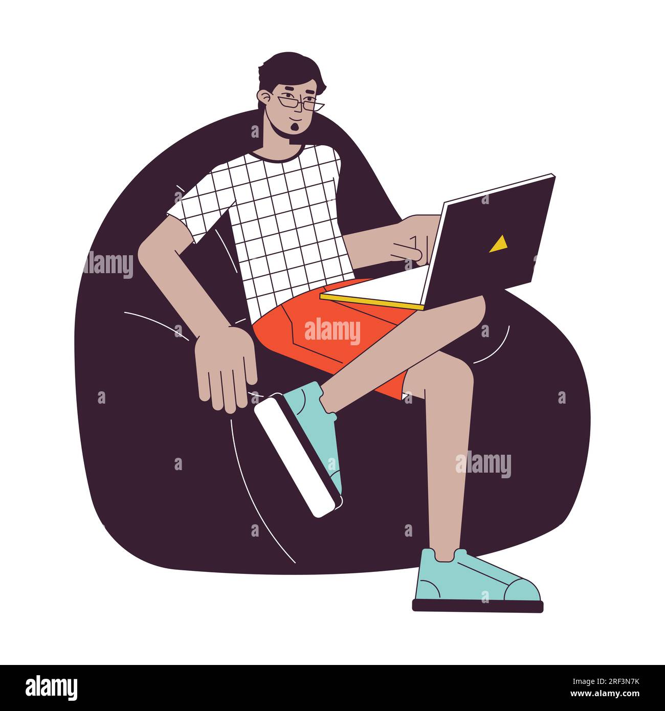 Uomo rilassato seduto su una borsa beanbag a linea piatta con illustrazione vettoriale Illustrazione Vettoriale