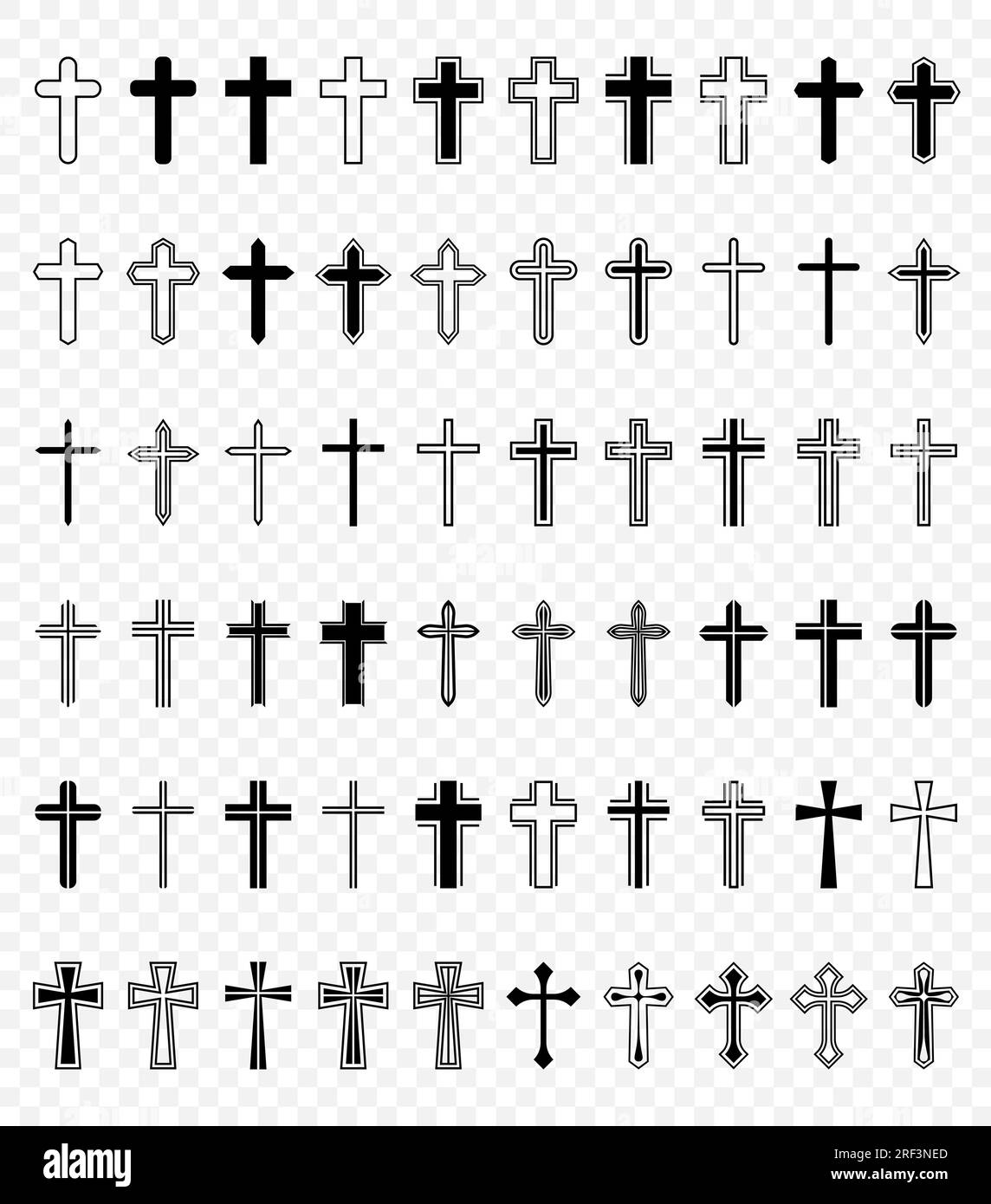 Icone Flat Vector Black and White Christian Cross. Linea silhouette ritagliata Black Christian Crosses Collection Isolated. Illustrazione Vettoriale