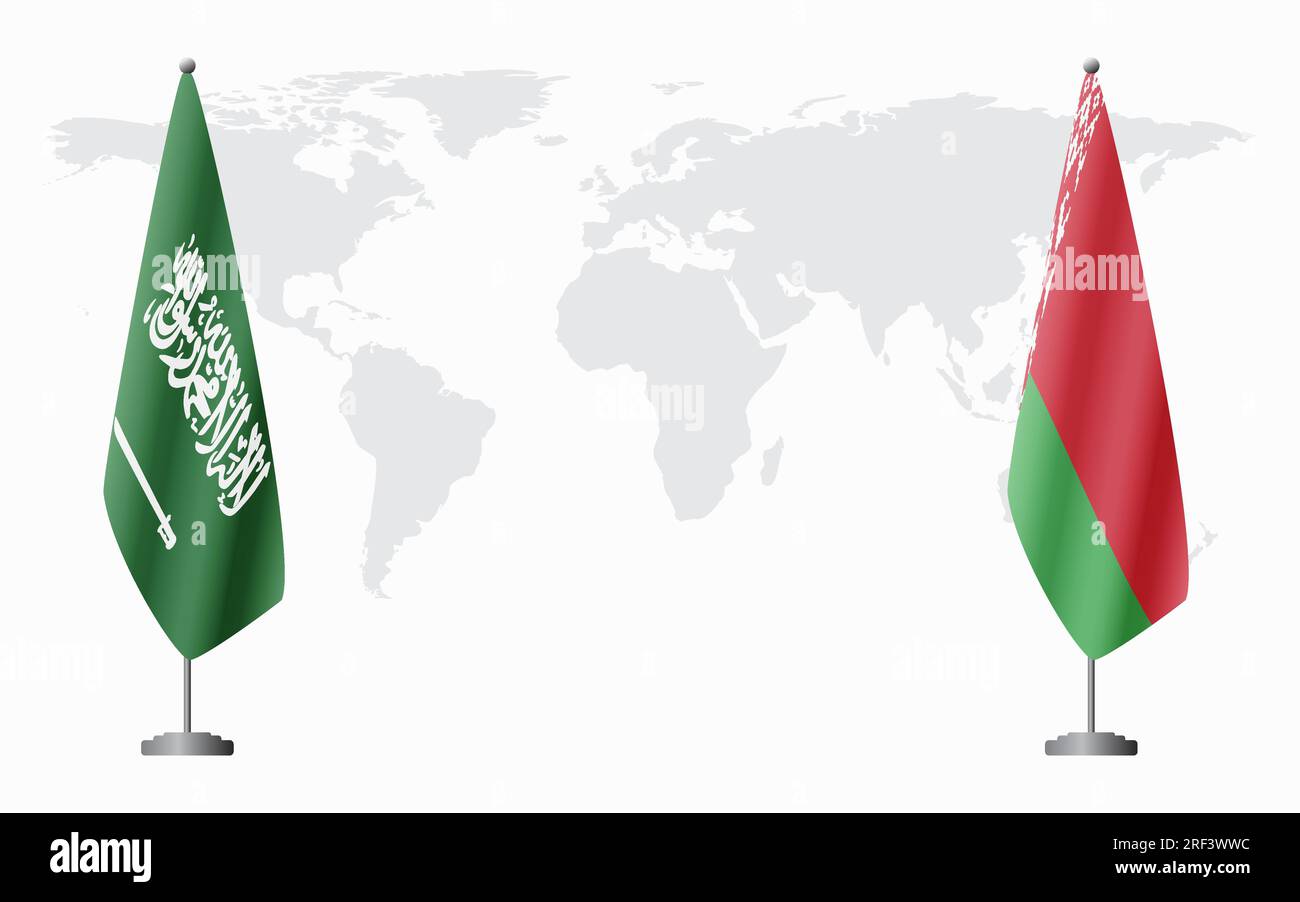 Arabia Saudita e bandiere bielorusse per un incontro ufficiale sullo sfondo della mappa mondiale. Illustrazione Vettoriale