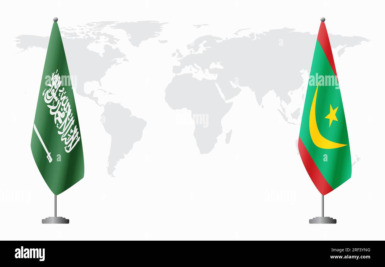 Arabia Saudita e Mauritania bandiere per un incontro ufficiale sullo sfondo della mappa mondiale. Illustrazione Vettoriale