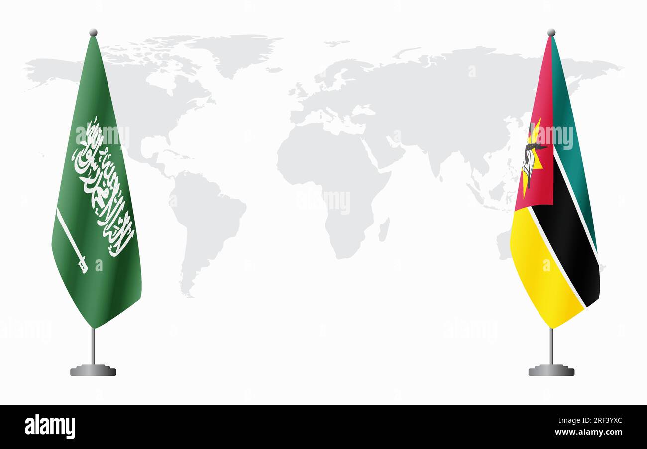 Arabia Saudita e Mozambico bandiere per un incontro ufficiale sullo sfondo della mappa mondiale. Illustrazione Vettoriale