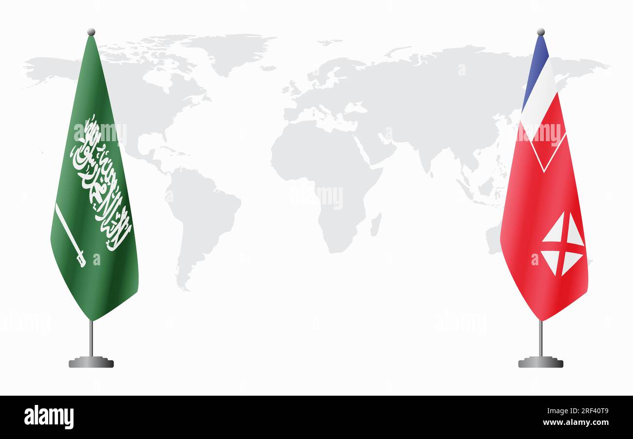 Arabia Saudita e Wallis e Futuna bandiere per un incontro ufficiale sullo sfondo della mappa mondiale. Illustrazione Vettoriale