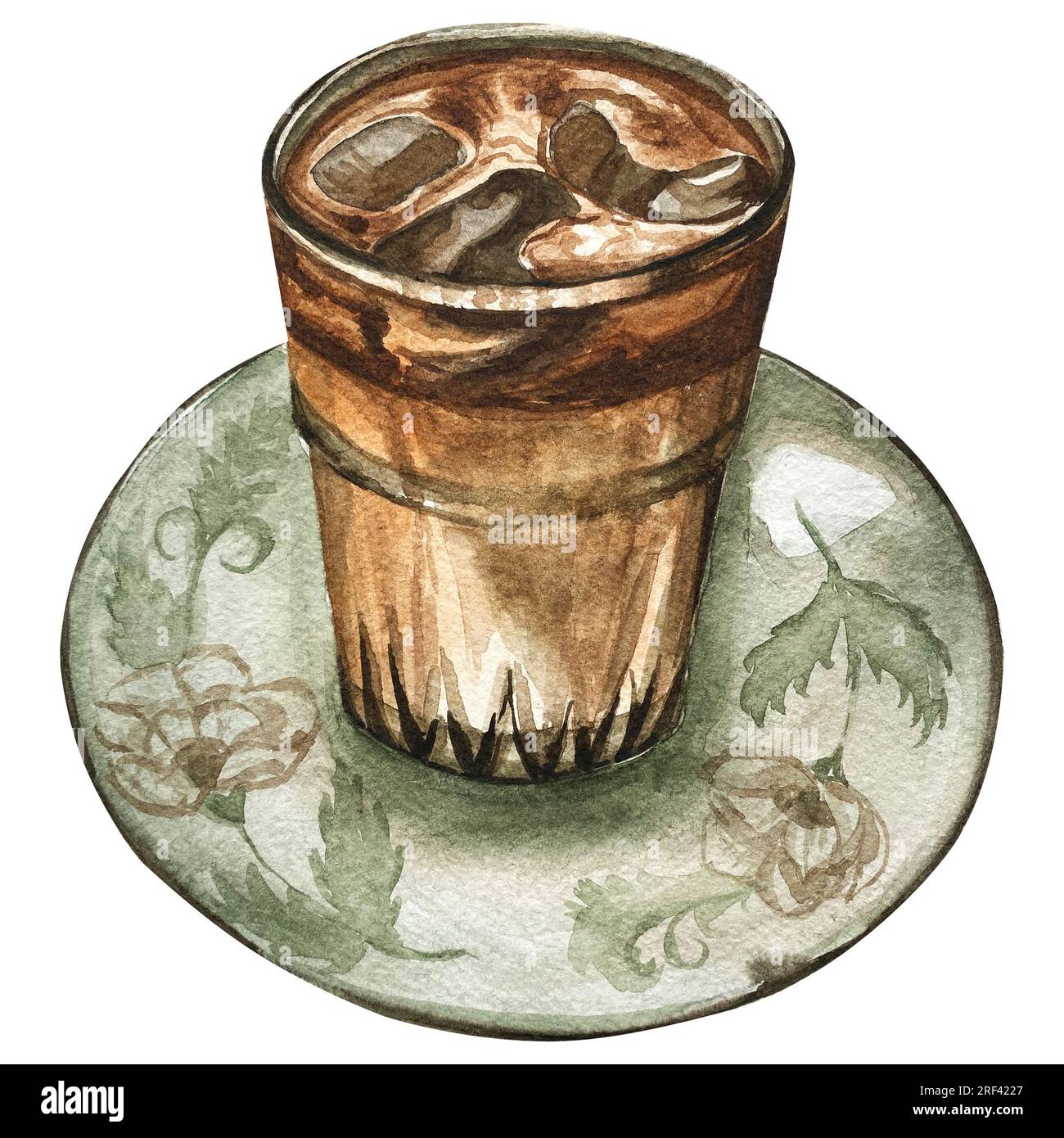 Set artistico per picnic con caffè e cibo ad acquerello. Foto Stock