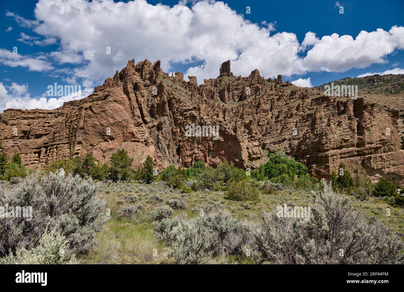 Paesaggio roccioso sulla strada da Cody al parco nazionale di Yellowstone, Wyoming, Stati Uniti d'America Foto Stock