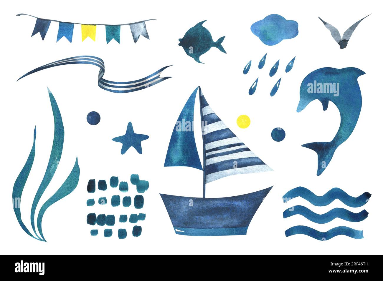 Barca a vela a strisce blu con delfini, onde, pesci, nastri, bandiere, bolle. Illustrazione ad acquerello disegnata a mano in stile bambino. Set di Foto Stock