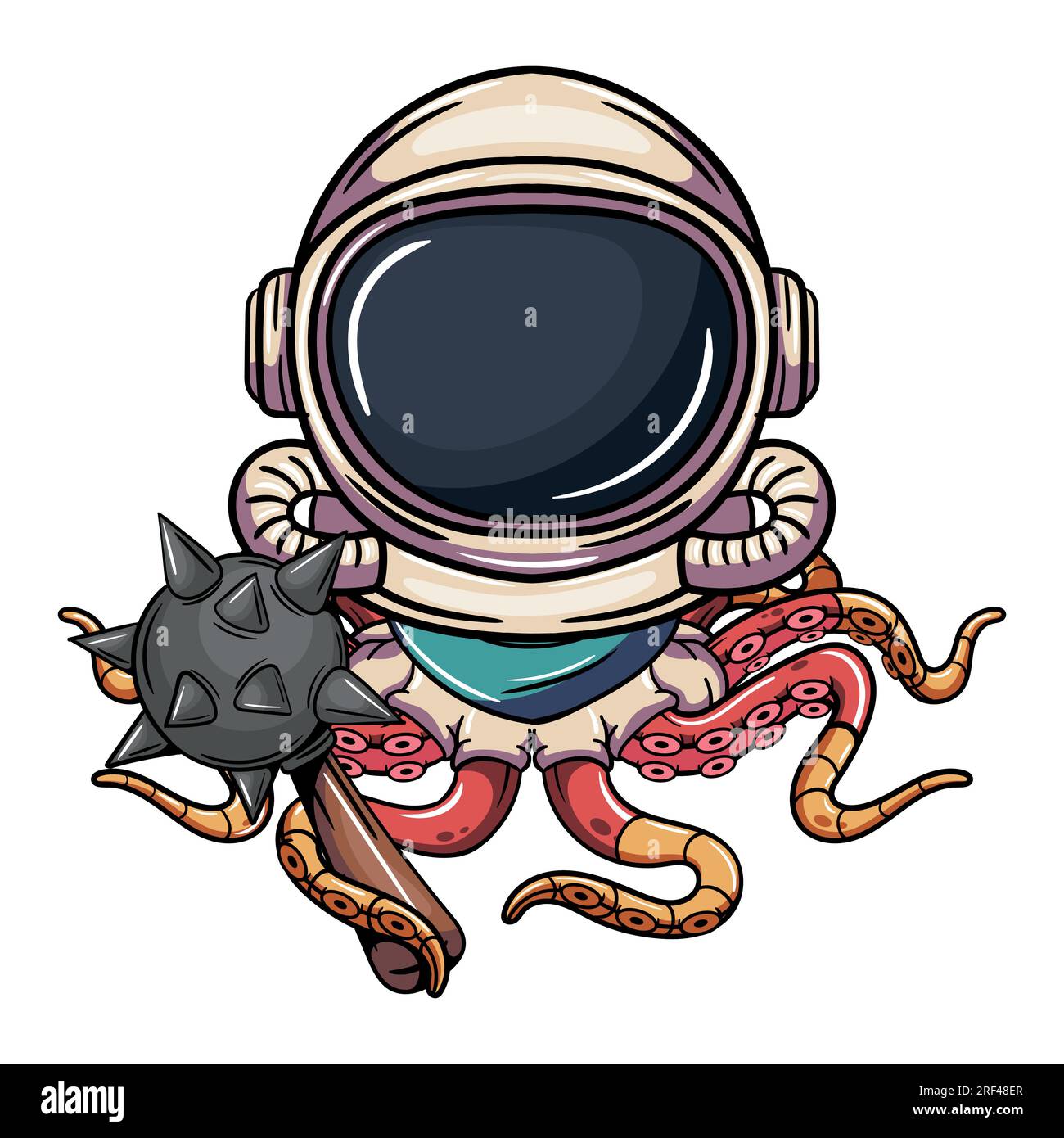 Astronauta cyborg, polpo, personaggio fumettistico dei cartoni animati, con tuta spaziale e una mazza da guerra. Illustrazione per fumetti fantasy, fantascienza e avventura Illustrazione Vettoriale
