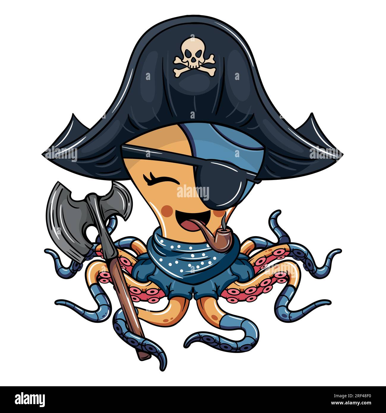 Personaggio fumettistico di timido pirata cyborg con cappello tricorn che fuma una pipa con un'ascia da guerra. Illustrazione per fantasy, fantascienza e adv Illustrazione Vettoriale