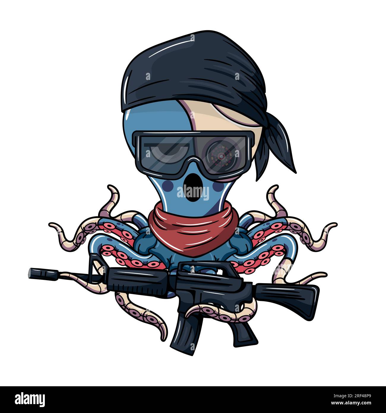 Personaggio dei cartoni animati di pioppo di cyborg annoiato in una bandana nera, che indossa occhiali e una mitragliatrice. Illustrazione per fantasy, fantascienza e avventura Illustrazione Vettoriale