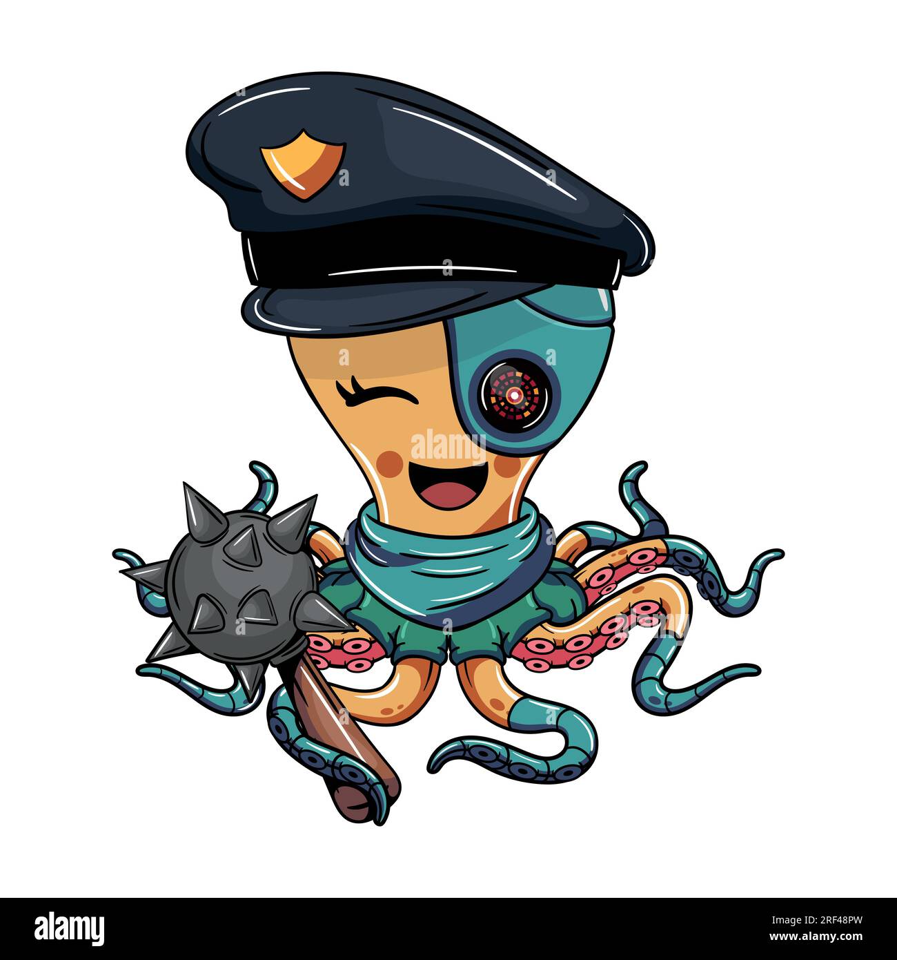 Poliziotto cyborg polpo personaggio fumettistico dei cartoni animati con una mazza di guerra. Illustrazione per fumetti fantasy, fantascienza e avventura Illustrazione Vettoriale