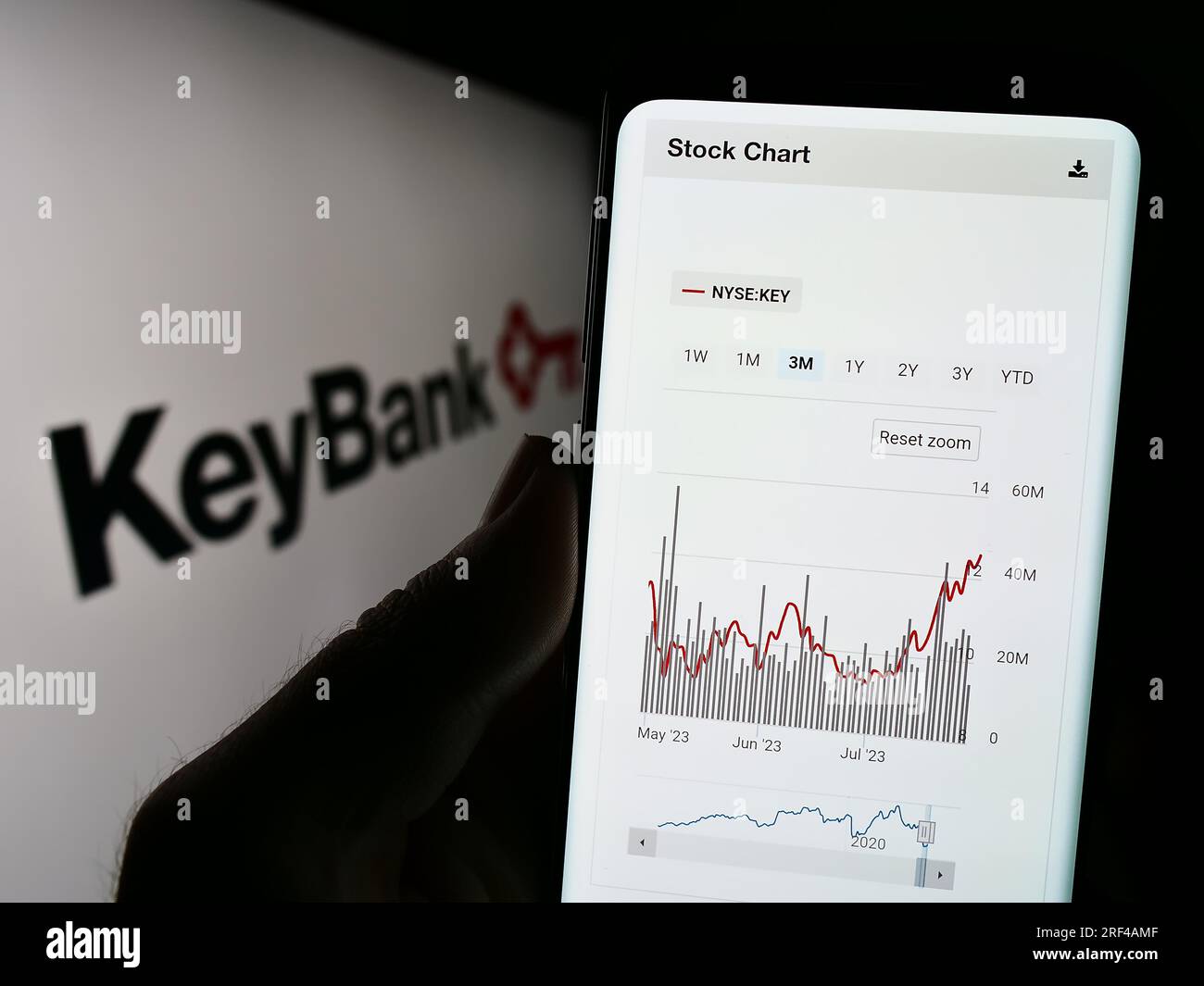 Persona che possiede il cellulare con la pagina Web della società finanziaria statunitense KeyCorp (KeyBank) sullo schermo davanti al logo. Concentrarsi sul centro del display del telefono. Foto Stock